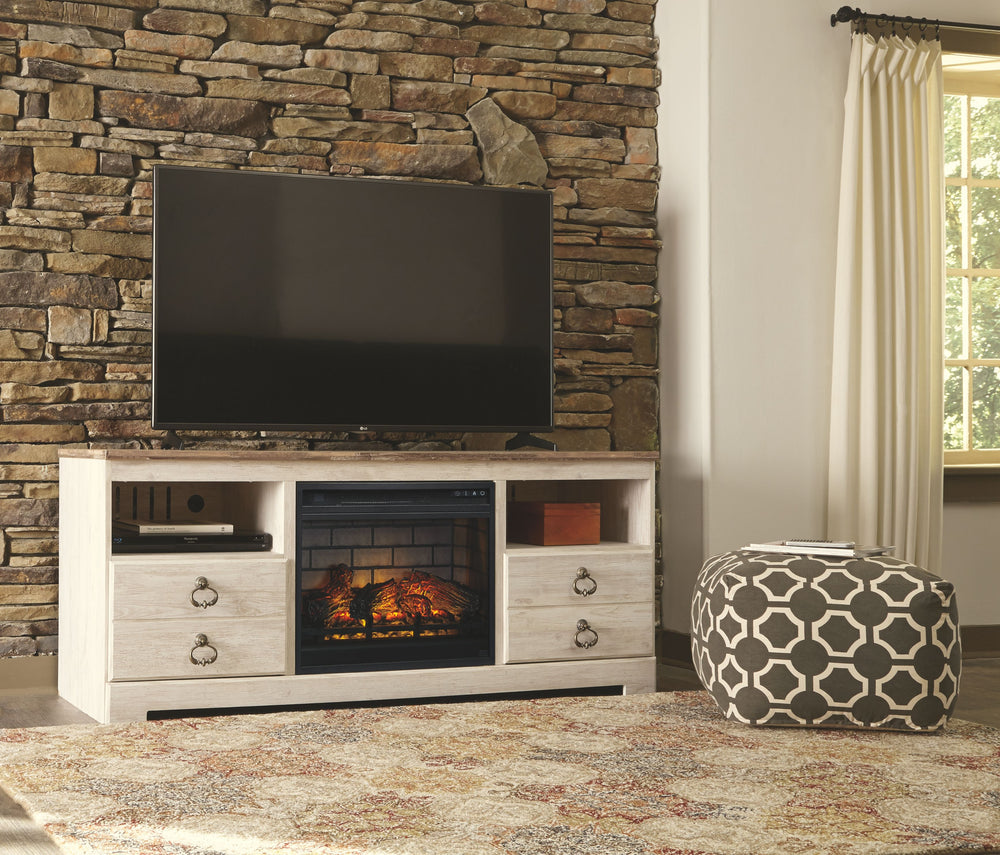This TV stand with electric infrared fireplace insert is the ultimate statement piece for a coastal cottage or shabby chic inspired retreat. Whitewashed finish is wonderfully easy on the eyes. Paired with the TV standâ€™s unique plank-style top, itâ€™s a 