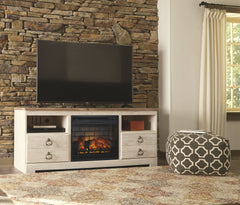 This TV stand with electric infrared fireplace insert is the ultimate statement piece for a coastal cottage or shabby chic inspired retreat. Whitewashed finish is wonderfully easy on the eyes. Paired with the TV standâ€™s unique plank-style top, itâ€™s a 