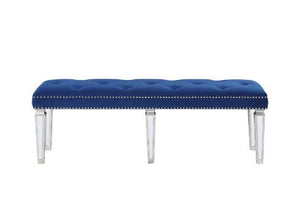  Armless Bench (Backless) Stationary Seat: Standard Dining Height Padded SEAT: Blue Velvet w/Crystal-like Button Tufted (Padded Apron w/Nail-head Trim) Backless (SC) Beveled-Mirrored Tapered Leg Armless<br/><br/><b>Product Features</b><ul><li>Case: 1Pc