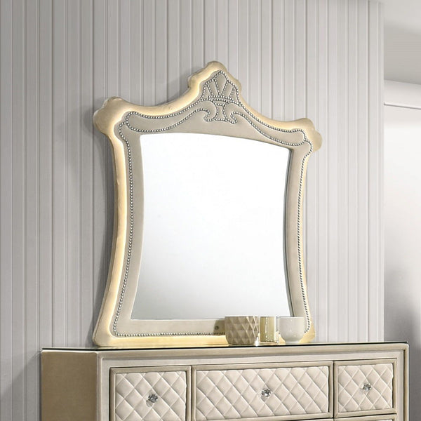 Box Spring Required Button Tufted Padded Headboard LED Included (Headboard & Mirror) Drawer: Side Metal Drawer Glide, Dovetail Drawer Included, 3/4 Extension, Safety Stop Included Glass Top Nightstand & Dresser Wooden Legs