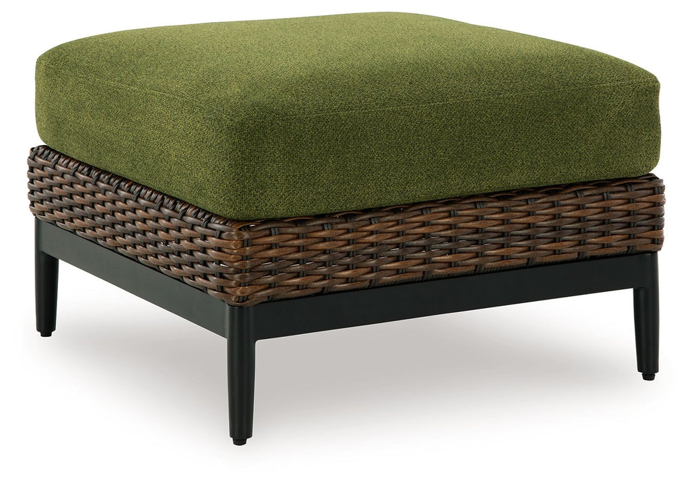 This outdoor ottoman recalls the aesthetics of nature to bring an inviting, high-style feel to your patio or lanai. Its Nuvella+â„¢ performance fabric is made with enhanced UV resistance, so the chic green hue stays brighter for longer. Worried about the 