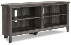 With its replicated weathered oak finish and authentic charm, this corner TV stand is right in tune with your relaxed approach to high style. Beautifully shaped to nestle into any corner, itâ€™s well equipped with shelving and cutouts for wire management.