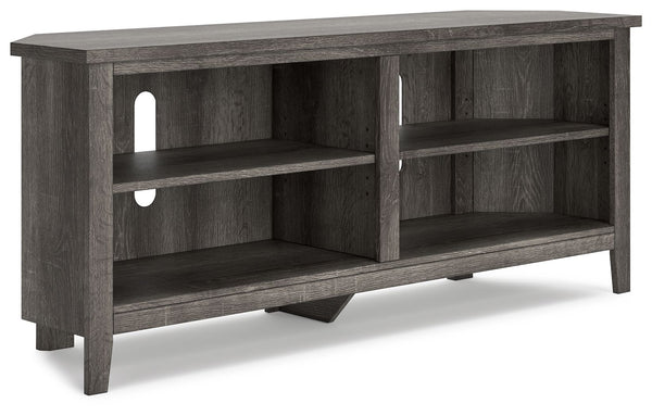 With its replicated weathered oak finish and authentic charm, this corner TV stand is right in tune with your relaxed approach to high style. Beautifully shaped to nestle into any corner, itâ€™s well equipped with shelving and cutouts for wire management.