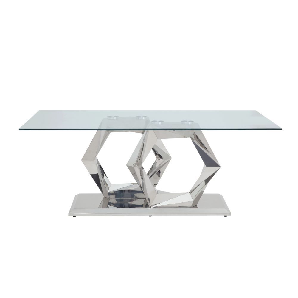 The Gianna dining set is sleek, chic, and absolutely unique! This stainless steel and clear glass table features a supportive base with an unusual X-shape. The matching chairs feature comfortable padding, and the high seat backs feature a gentle curve tha