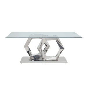 The Gianna dining set is sleek, chic, and absolutely unique! This stainless steel and clear glass table features a supportive base with an unusual X-shape. The matching chairs feature comfortable padding, and the high seat backs feature a gentle curve tha