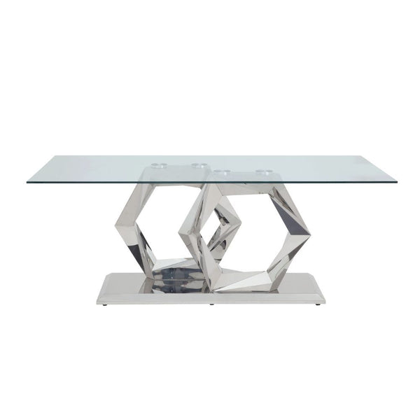 The Gianna dining set is sleek, chic, and absolutely unique! This stainless steel and clear glass table features a supportive base with an unusual X-shape. The matching chairs feature comfortable padding, and the high seat backs feature a gentle curve tha