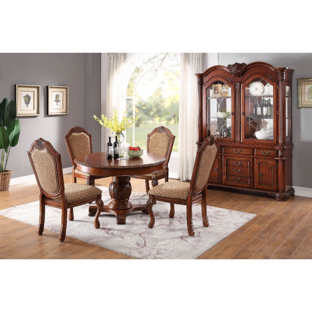 Single Pedestal Table Extension: Round Top Extends to an Oval Top with Removable Leaf (1 x 18-") Wooden Top with Grooved Trim Wooden Pedestal with Raised Floral Motifs Padded Seat & Back Wooden Queen Anne Leg Matching Hutch & Buffet with Light Function, B
