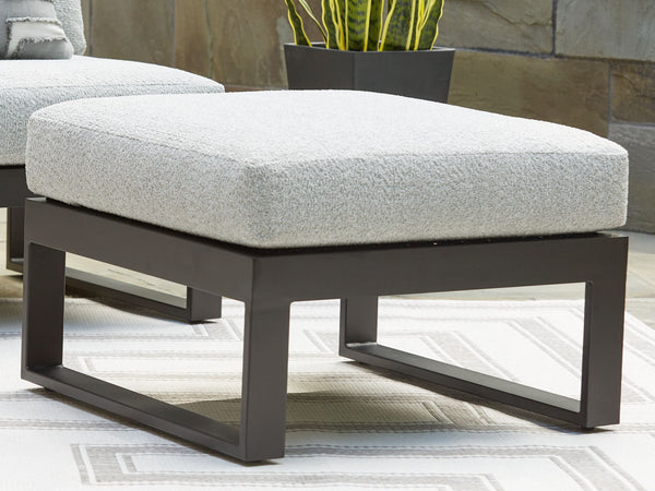  contemporary style meets outdoor living in this ottoman. Its clean-lined black aluminum frame expertly balances good looks and longevity. And the enhanced UV resistance of Nuvella+â„¢ fabric keeps the cushion light and bright