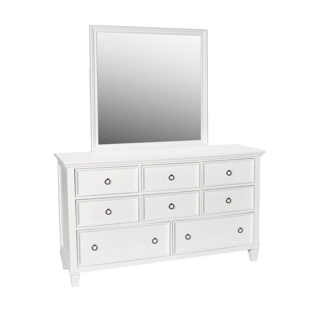 The Tamarack Mirror in white offers a perfect blend of durability and style. Crafted with a combination of solid poplar, basswood veneers, and eco-friendly manufactured wood, this mirror ensures strength and long-lasting durability. Its versatile transiti