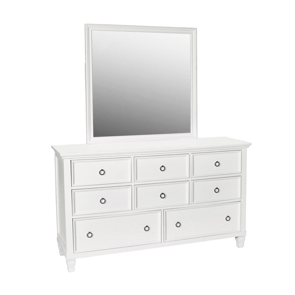 The Tamarack Mirror in white offers a perfect blend of durability and style. Crafted with a combination of solid poplar, basswood veneers, and eco-friendly manufactured wood, this mirror ensures strength and long-lasting durability. Its versatile transiti