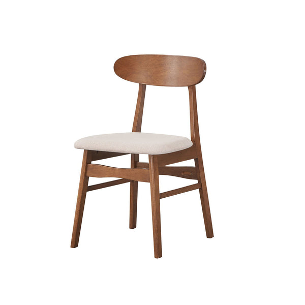 The New Classic Morocco Dining Chairs are a picture of Mid-Century Modern design with tapered legs, curved oval seatbacks, and classic walnut brown color. Easy care, natural 100% polyester foam cushions provide comfortable seating. A perfect accent chair 