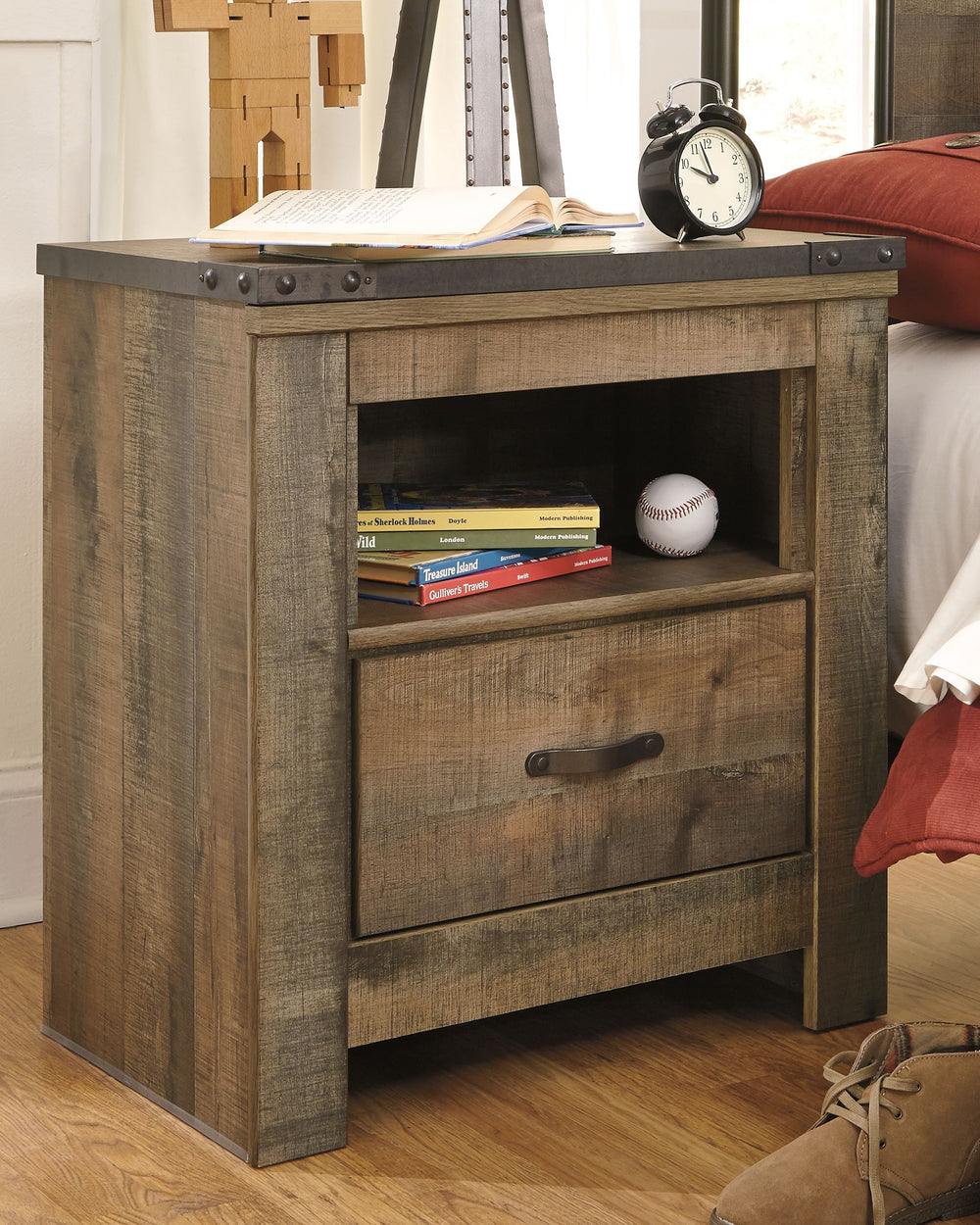 Whether she loves horses or he-'s a cowboy at heart, this nightstand matches their authenticity. Its rustic finish, plank-style details and nailhead trim pay homage to reclaimed barn wood, making for a chic look loaded with charm. An included charging sta