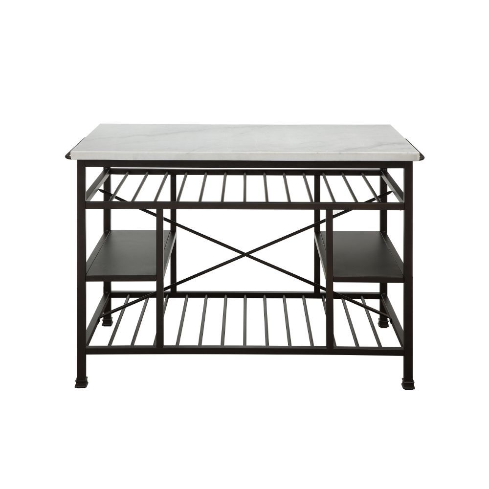 The Lanzo Kitchen Island is equally ideal for counter space or an excellent choice for display with extra storage. Blending contemporary style with industrial charm, the design is both stylish and functional. The metal frame adds a touch of industrial imp