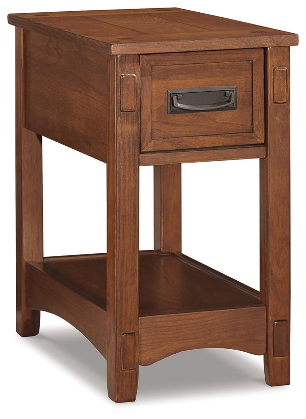 All the great elements of Mission-style designâ€”including mortise-and-tenon decorative overlaysâ€”packed into an adorably sized chairside end table. Small but essential, this accent table includes a deep drawer with removable tray for handy storage.<br><