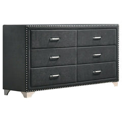 Give outdated sleeping spaces a facelift with this eye-popping and elegant dresser. Entirely upholstered in velvet, this dresser is a conversation starter. It is equipped with six spacious drawers to store your bedside items. Nail head trim makes a specta
