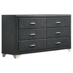 Give outdated sleeping spaces a facelift with this eye-popping and elegant dresser. Entirely upholstered in velvet, this dresser is a conversation starter. It is equipped with six spacious drawers to store your bedside items. Nail head trim makes a specta