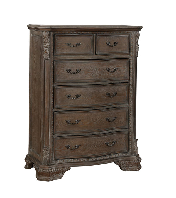 This bedroom ensemble epitomizes timeless elegance with its exquisite craftsmanship and classic design. The plush, tufted headboard beckons with an air of opulence, inviting you to bask in its luxurious comfort. Rich, distressed wood finishes add depth an