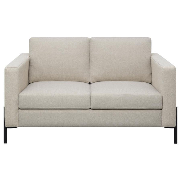  this sofa exudes elegance. The subtle textured herringbone fabric offers a refined touch