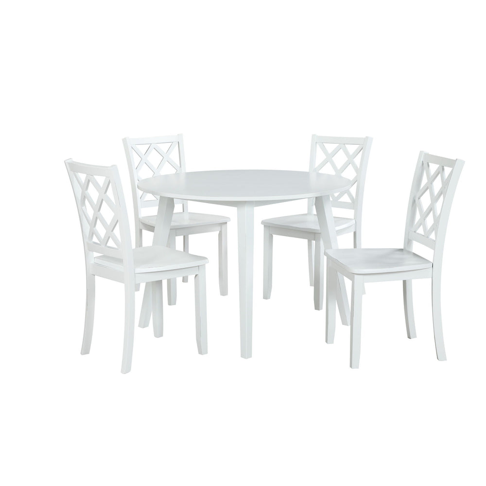 The Trellis 5 Piece Round Dining Set in white is an ideal addition to any cozy dining space, offering both style and practicality. This set includes one round dining table and four chairs, all meticulously crafted from solid rubberwood, manufactured wood,