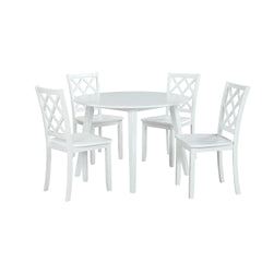 The Trellis 5 Piece Round Dining Set in white is an ideal addition to any cozy dining space, offering both style and practicality. This set includes one round dining table and four chairs, all meticulously crafted from solid rubberwood, manufactured wood,