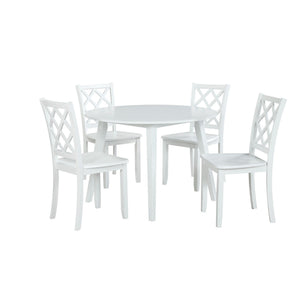 The Trellis 5 Piece Round Dining Set in white is an ideal addition to any cozy dining space, offering both style and practicality. This set includes one round dining table and four chairs, all meticulously crafted from solid rubberwood, manufactured wood,
