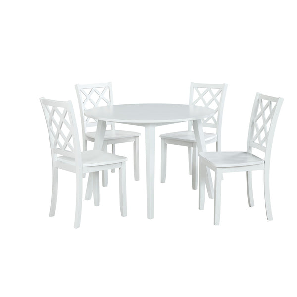 The Trellis 5 Piece Round Dining Set in white is an ideal addition to any cozy dining space, offering both style and practicality. This set includes one round dining table and four chairs, all meticulously crafted from solid rubberwood, manufactured wood,