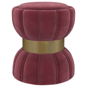 Put finishing touches on a chic decor with a modern glam ottoman. Its hourglass silhouette is playful and elegant, with a wide band highlighting in a bright gold finish. The round ottoman is a compact addition, offering a perfect spot to prop your feet. I