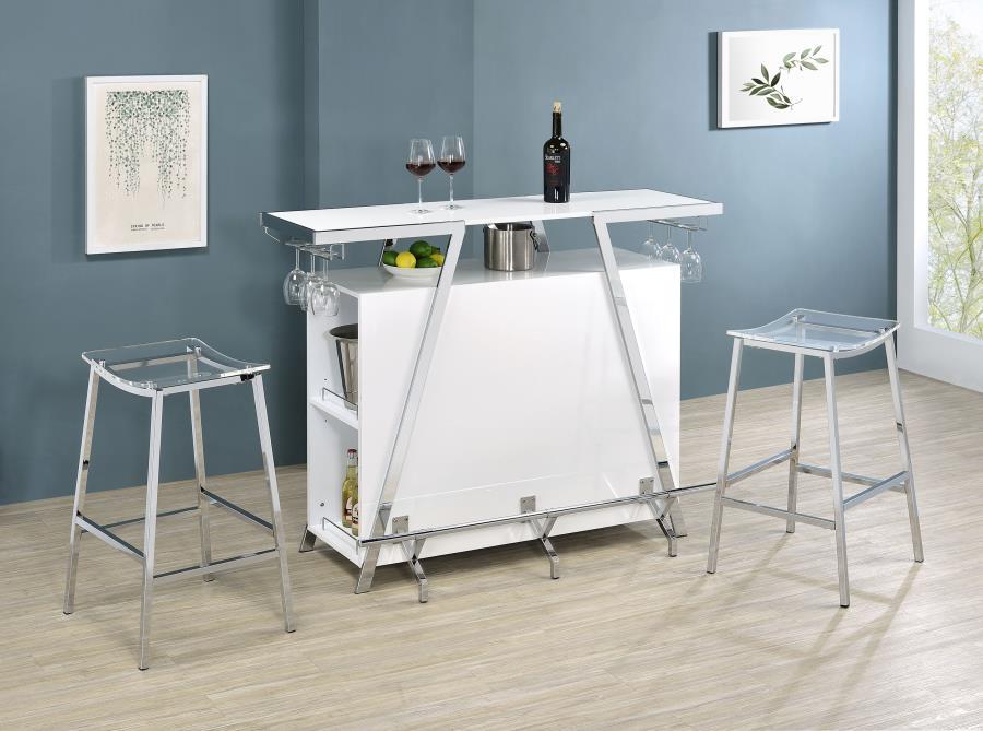Pull out all the stops to breathe fresh energy and organization into a casual space dedicated to entertainment. Your needs are met with this modular-inspired and contemporary home bar constructed of MDF, paper coating, and veneer, all with a bright white 