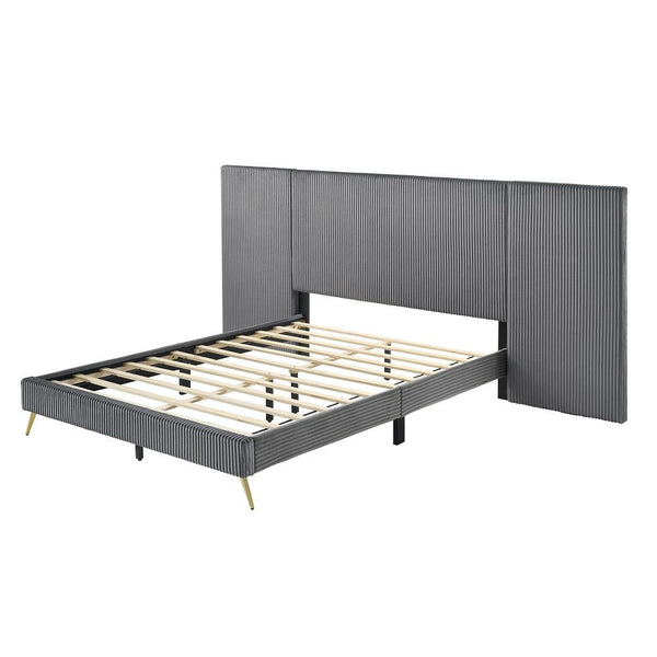 This Muilee bed is anything but subtle. It produces a bold statement in any bedroom. The bed is fully padded in a luxurious silver fabric. Its oversized channel-tufted headboard is an eye-catching focal point. This feature adds depth and visual contrast t