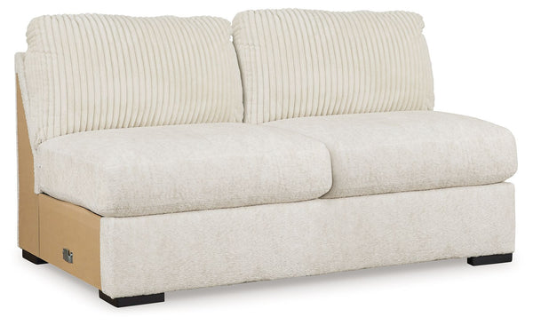 This armless loveseat is made with polyester upholstery. Pairs with other items in the series to make a sectional.<br><br><b>Additional Dimensions</b><br><ul><li>Seat depth: 25-"</li><li>Seat height: 22-"</li><li>Top of cushion to top of back: 19-"</li><l