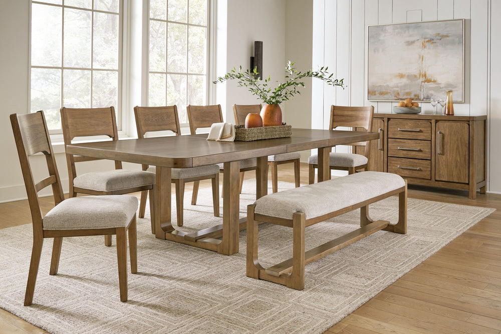 This dining room set sits comfortably at the intersection of modern lodge and farmhouse aesthetics. Your warm and welcoming disposition is reflected in its charming architectural elements and light brown glazed finish. Even with its poise, it remains prac