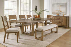 This dining room set sits comfortably at the intersection of modern lodge and farmhouse aesthetics. Your warm and welcoming disposition is reflected in its charming architectural elements and light brown glazed finish. Even with its poise, it remains prac