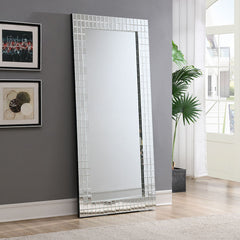 Get the Dominic collection accent floor mirror to your living area with its stunning mosaic style frame. This full length mirror not only enhances the decor but also provides a practical reflection for any space. Its intricate design and reflective surfac