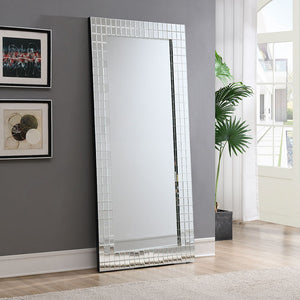 Get the Dominic collection accent floor mirror to your living area with its stunning mosaic style frame. This full length mirror not only enhances the decor but also provides a practical reflection for any space. Its intricate design and reflective surfac