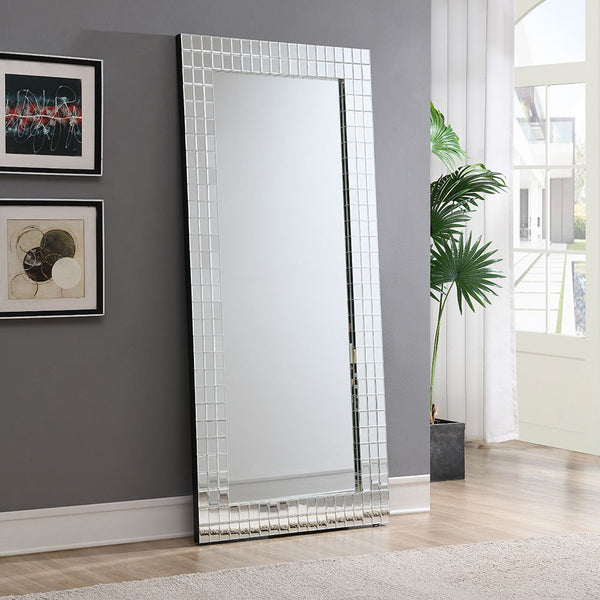 Get the Dominic collection accent floor mirror to your living area with its stunning mosaic style frame. This full length mirror not only enhances the decor but also provides a practical reflection for any space. Its intricate design and reflective surfac