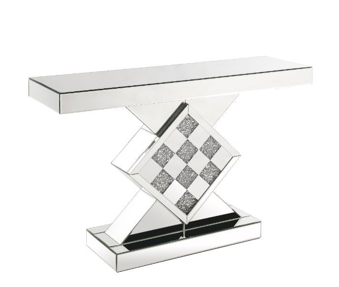 The modern glamour of the Noralie mirrored console table will brighten your foyer or bedroom. This brilliant console table features a mirrored pedestal base with faux diamond inlay, adding dimension, contrast, and shine to this functional piece. It featur