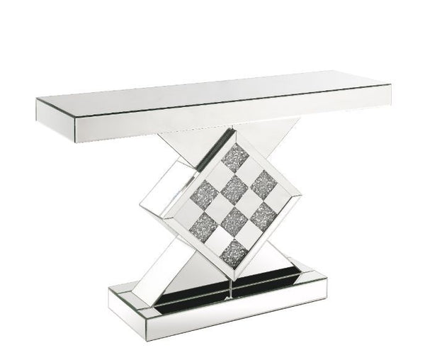 The modern glamour of the Noralie mirrored console table will brighten your foyer or bedroom. This brilliant console table features a mirrored pedestal base with faux diamond inlay, adding dimension, contrast, and shine to this functional piece. It featur