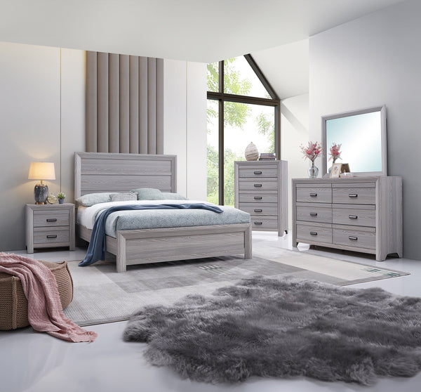 This bedroom set is the embodiment of understated sophistication, featuring a neutral drift wood finish that complements its clean and contemporary design. The robust bed frame anchors the room with a sense of sturdiness and style. Accompanying the bed ar