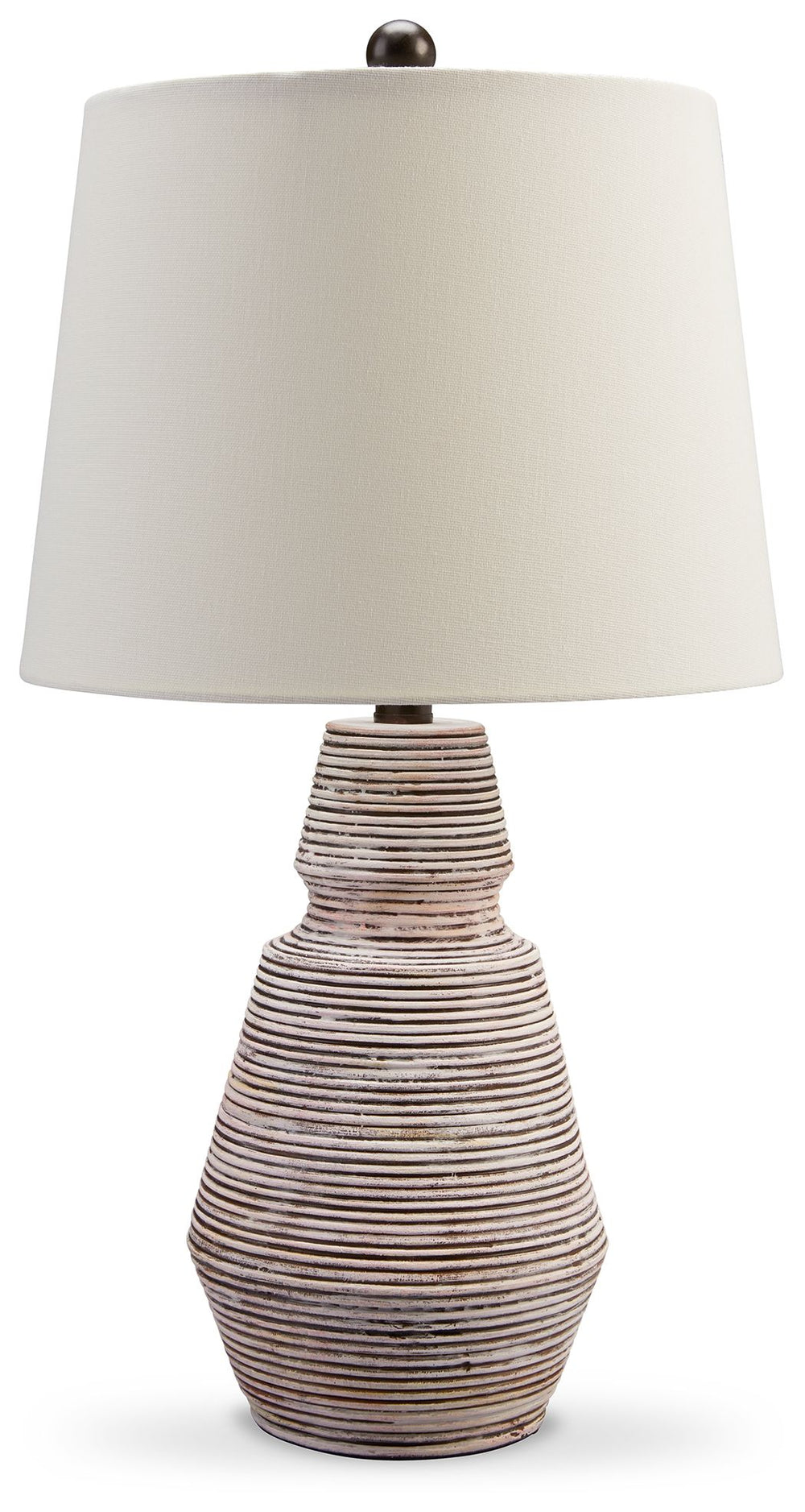 Add an impressive design element to your home with this table lamp. The distressed resin body in brick red and white is topped off with a crisp, fresh fabric shade. Low profile yet eye-catching, this lamp makes a gorgeous accent for contemporary and mid-c