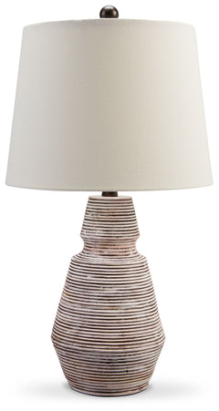 Add an impressive design element to your home with this table lamp. The distressed resin body in brick red and white is topped off with a crisp, fresh fabric shade. Low profile yet eye-catching, this lamp makes a gorgeous accent for contemporary and mid-c