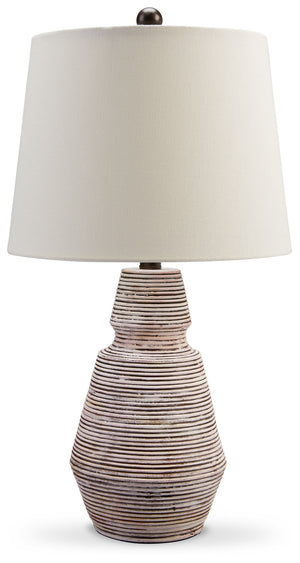Add an impressive design element to your home with this table lamp. The distressed resin body in brick red and white is topped off with a crisp, fresh fabric shade. Low profile yet eye-catching, this lamp makes a gorgeous accent for contemporary and mid-c