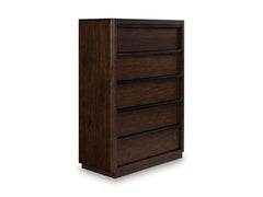 Casual contemporary styling with a decidedly modern vibe. This chest of drawers is warm and inviting with a rich dark brown finish, adorning your restful retreat with on-trend elegance. Full-length metal pulls in a matte black finish add a subtly cool tou