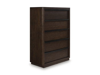 Casual contemporary styling with a decidedly modern vibe. This chest of drawers is warm and inviting with a rich dark brown finish, adorning your restful retreat with on-trend elegance. Full-length metal pulls in a matte black finish add a subtly cool tou