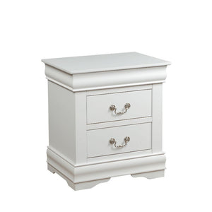 The Louis Philippe two drawer nightstand in white finish boasts engineered wood and veneer craftsmanship for enduring elegance. Brush nickel metal hardware adorns each of the drawer fronts and it-'s framed by crown molding detail.<br/><br/><b>Product Feat