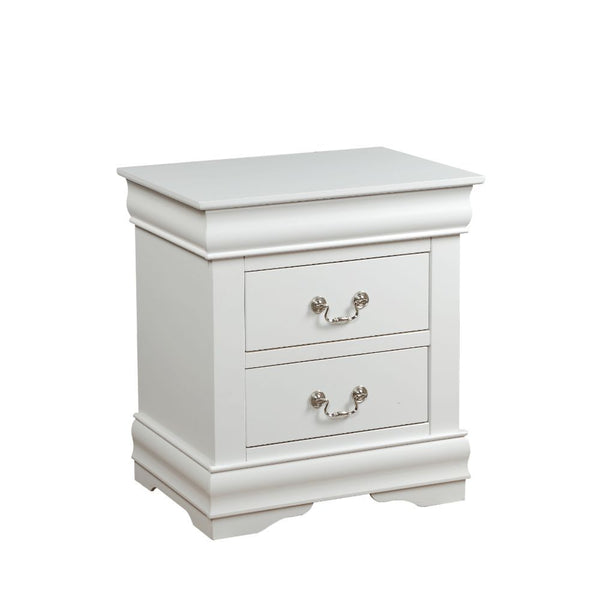 The Louis Philippe two drawer nightstand in white finish boasts engineered wood and veneer craftsmanship for enduring elegance. Brush nickel metal hardware adorns each of the drawer fronts and it-'s framed by crown molding detail.<br/><br/><b>Product Feat