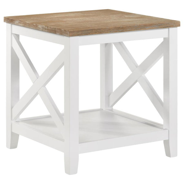 Instill rustic style with a charming two-tone end table that complements casual decor to perfection. From farmhouse to cottage to coastal, the versatile side table adds inviting style as it provides an ideal spot for a lamp or vase of flowers. Its two-ton