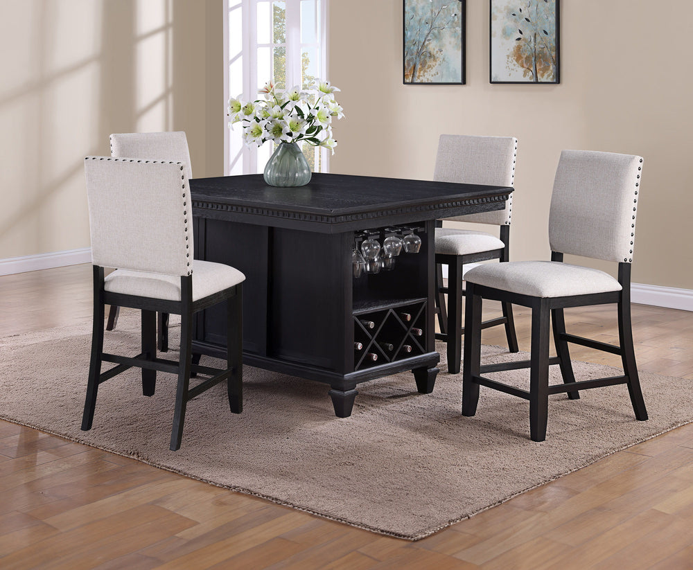 Elevate your dining experience with this elegant counter-height dining group, designed for both style and functionality. The sophisticated table features a rich, dark finish with intricate detailing along the edges, creating a refined and timeless appeal.