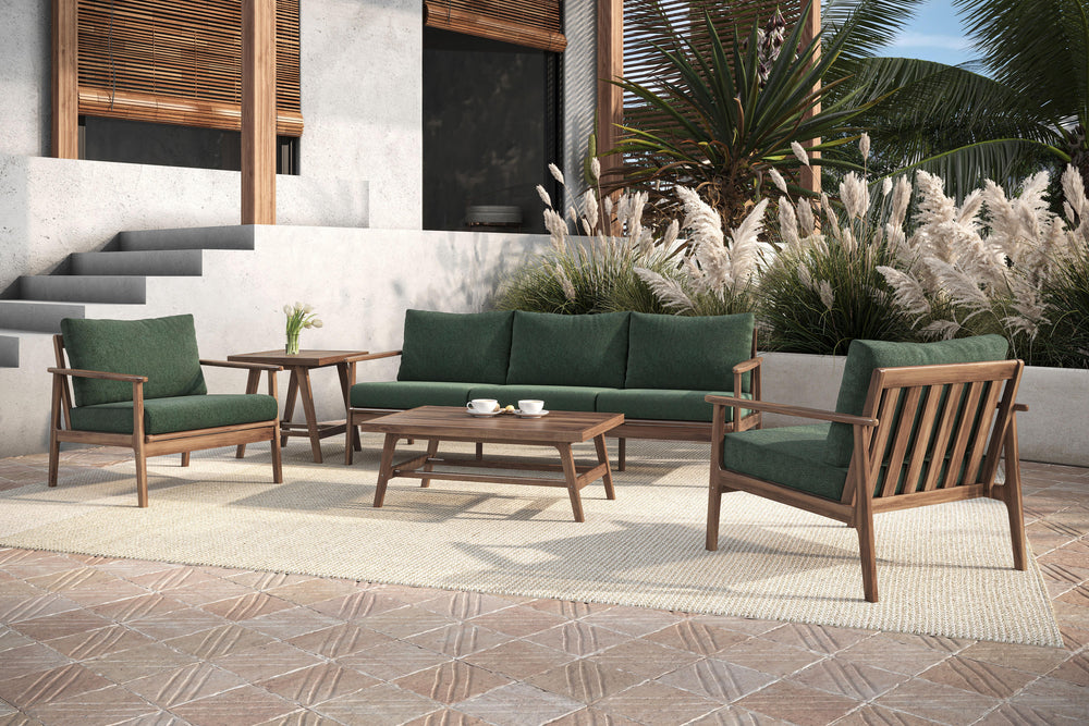 The Ashton 5-Piece Patio Set in Moss Green, featuring a spacious sofa, two club chairs, an end table, and a coffee table, is the perfect blend of durability, comfort, and timeless style for any outdoor space. Expertly crafted from FSC-Certified Acacia sol
