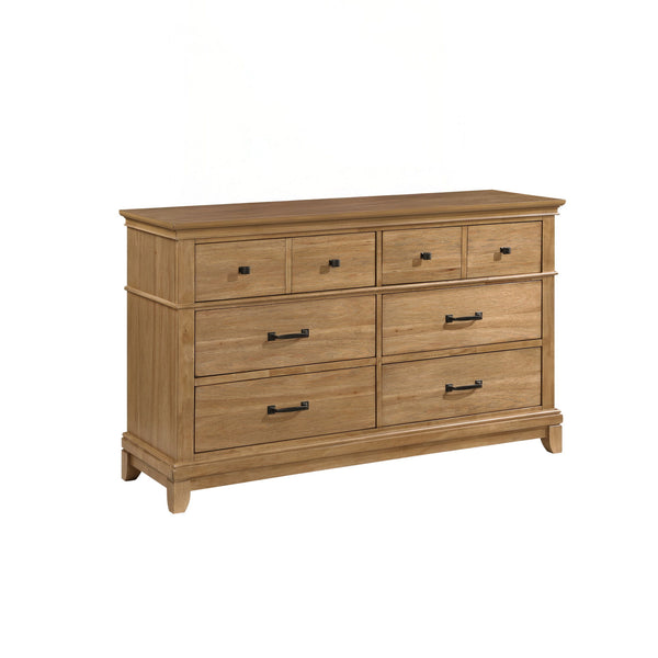 The Sunstone Dresser offers a durable, quality construction with solid rubberwood, manufactured woods, and hickory wood veneers, ensuring a strong and stable six-drawer dresser. This collection-'s versatile style features a classic, rustic design with nat