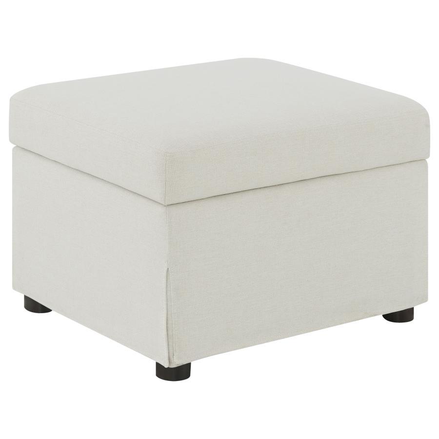 This versatile storage ottoman enriches your living space with stylish functionality. Upholstered in soft, neutral fabric, its hydraulic lift top reveals hidden storage perfect for stashing blankets, magazines, or personal essentials. Use as a footrest, e